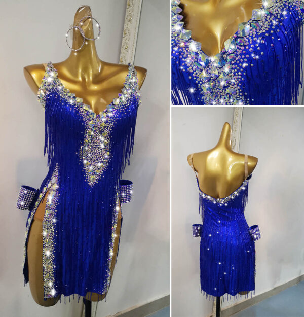 Royal blue Latin and Rhythm dance dress with beaded fringe, crystals and slits
