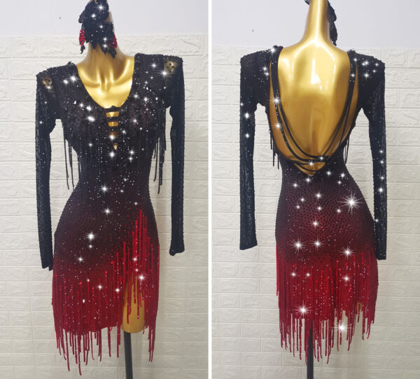 Ombre black and red Latin and Rhythm dance dress with open back and stoned fringe - Image 2