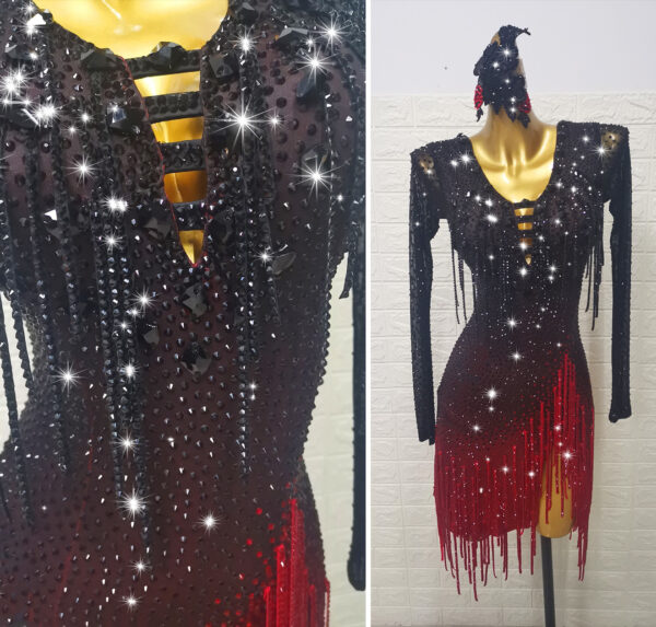 Ombre black and red Latin and Rhythm dance dress with open back and stoned fringe
