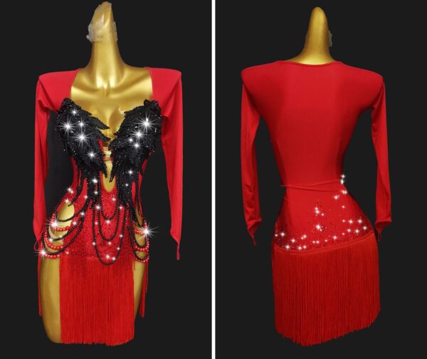 Red and black Latin and Rhythm dance dress with a fringe, pearls, and crystals - Image 3