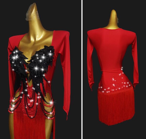 Red and black Latin and Rhythm dance dress with a fringe, pearls, and crystals - Image 2