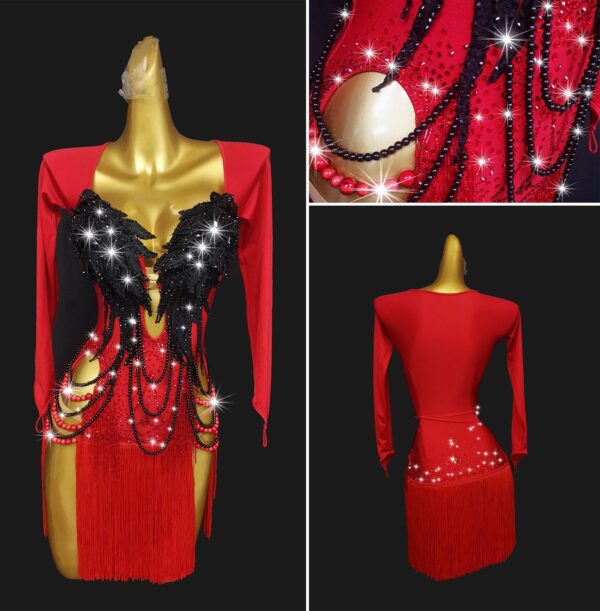 Red and black Latin and Rhythm dance dress with a fringe, pearls, and crystals