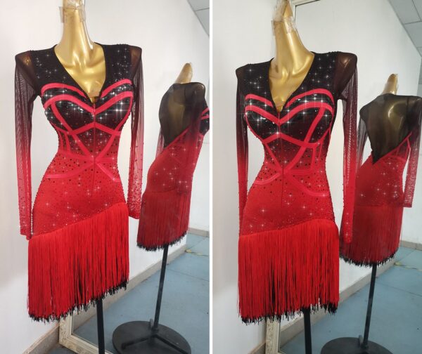 Ombre black and red Latin and Rhythm dance dress with layered fringe and crystals - Image 3