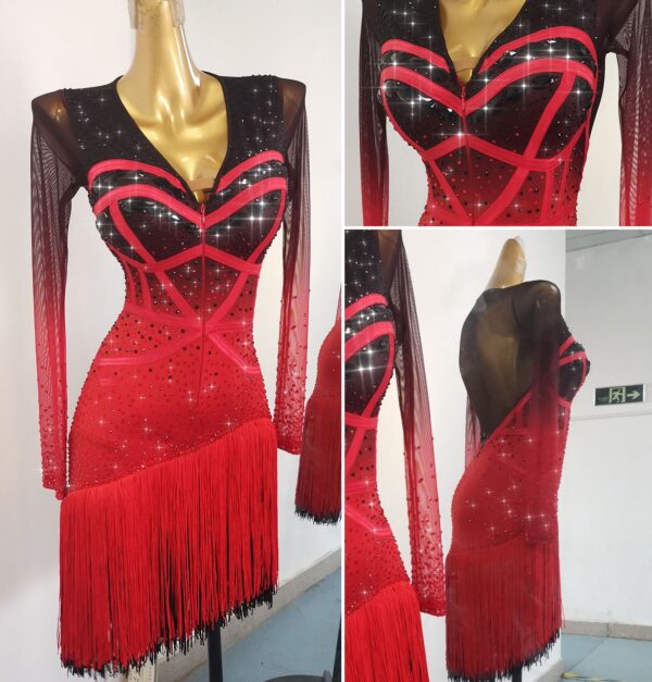 Ombre black and red Latin and Rhythm dance dress with layered fringe and crystals - Image 2