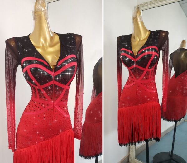 Ombre black and red Latin and Rhythm dance dress with layered fringe and crystals