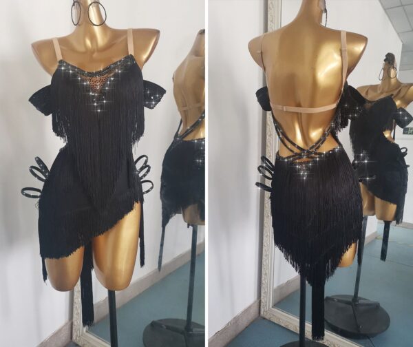 Black Latin and Rhythm dance dress with angled fringe, crystals and open back - Image 3