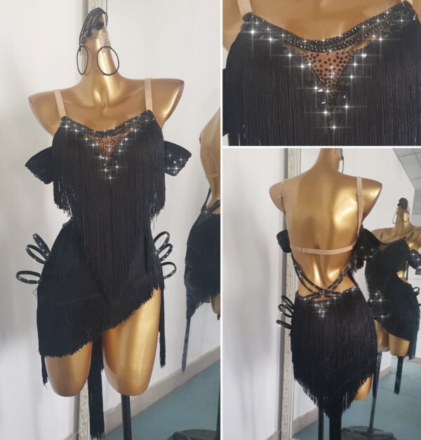 Black Latin and Rhythm dance dress with angled fringe, crystals and open back - Image 2