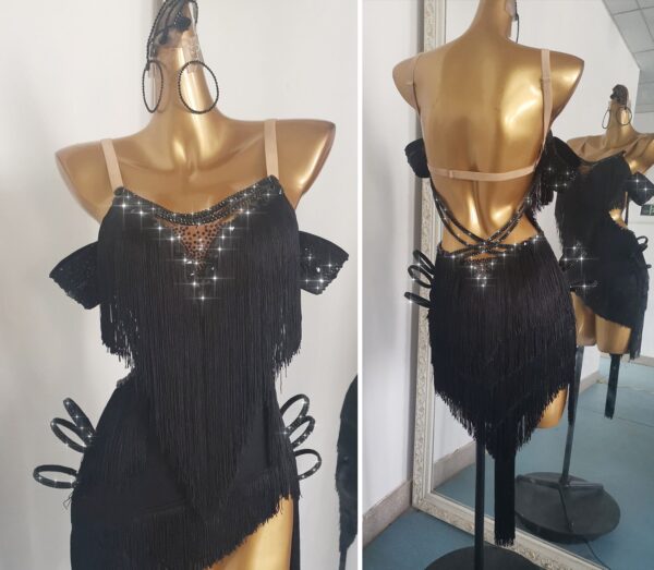 Black Latin and Rhythm dance dress with angled fringe, crystals and open back