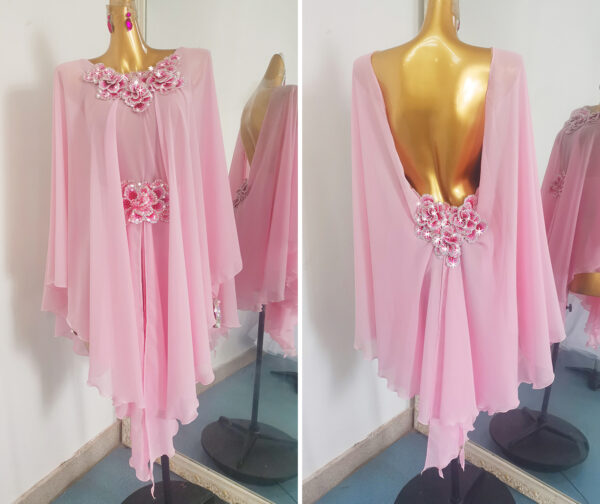 Pink Latin and Rhythm dance dress with floral embroideries and crystals - Image 3