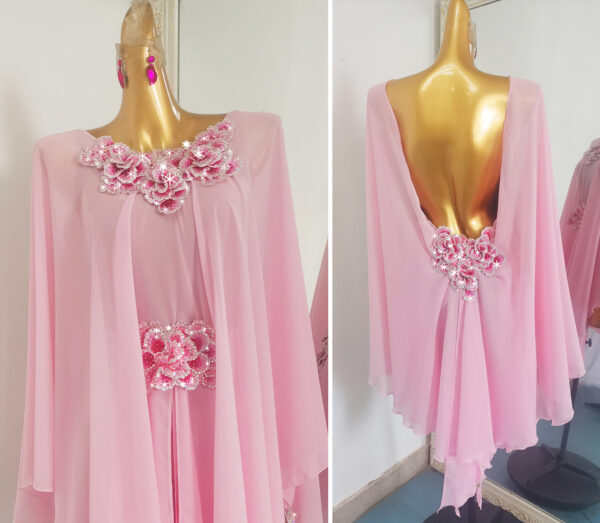 Pink Latin and Rhythm dance dress with floral embroideries and crystals - Image 2