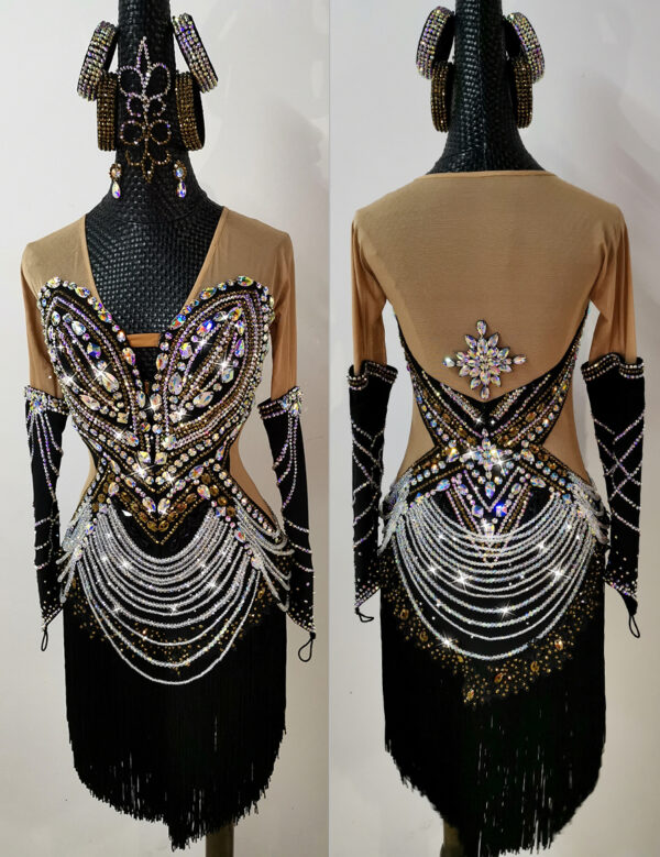 Black Latin and Rhythm dance dress with fringe and beads - Image 2