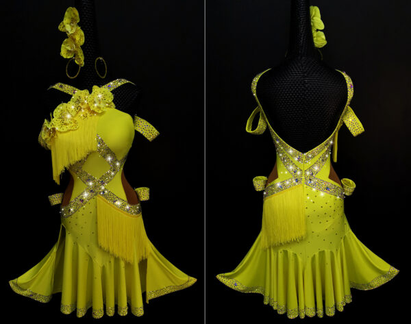 Yellow Latin and Rhythm dance dress with orchid flowers and fringe - Image 3