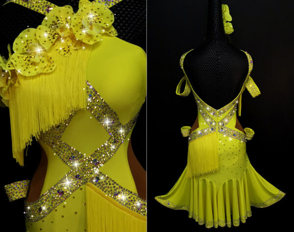 Yellow Latin and Rhythm dance dress with orchid flowers and fringe - Image 2