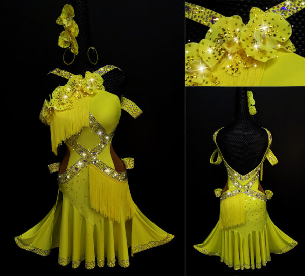 Yellow Latin and Rhythm dance dress with orchid flowers and fringe