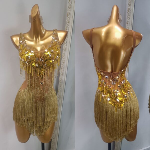 Golden Latin and Rhythm dance dress with sequins, beaded fringe and crystals - Image 2