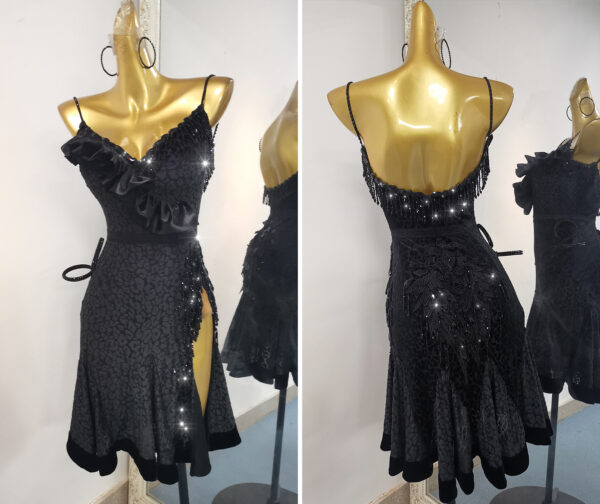 Black Latin and Rhythm dance dress with beaded fringe, black leopard print, and crystals - Image 3