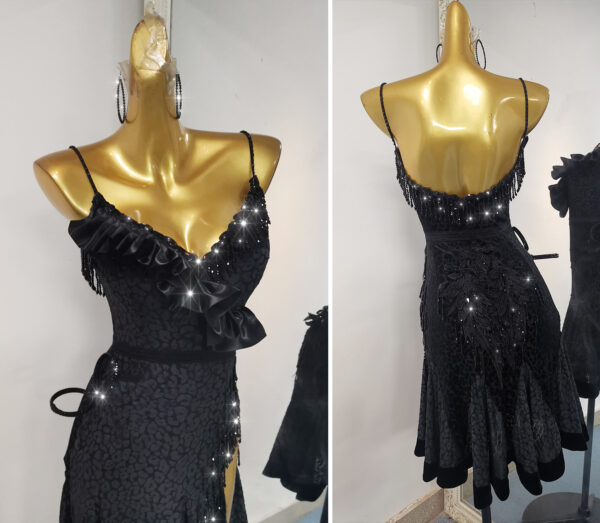 Black Latin and Rhythm dance dress with beaded fringe, black leopard print, and crystals - Image 2