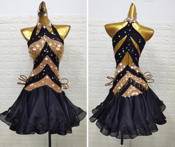 Black and bronze Latin and Rhythm dance dress with beaded fringe and crystals - Image 3