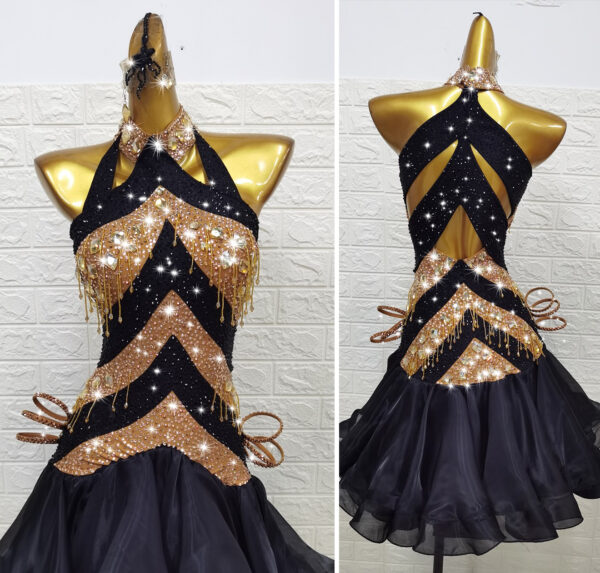 Black and bronze Latin and Rhythm dance dress with beaded fringe and crystals - Image 2