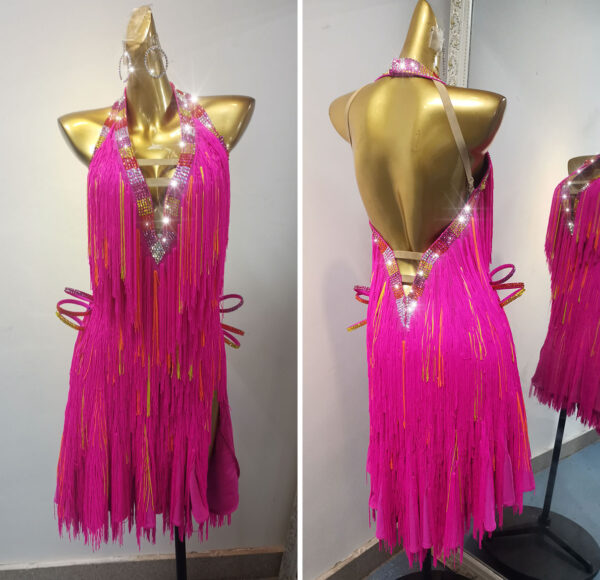 Fuchsia pink Latin and Rhythm dance dress with mixed fringe and crystals - Image 3