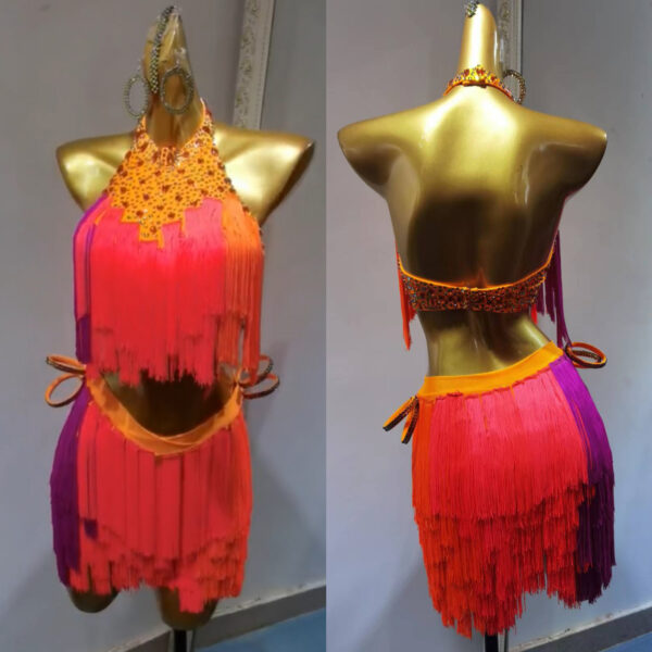 Pink orange purple Latin and Rhythm dance dress with ombre fringe - Image 3