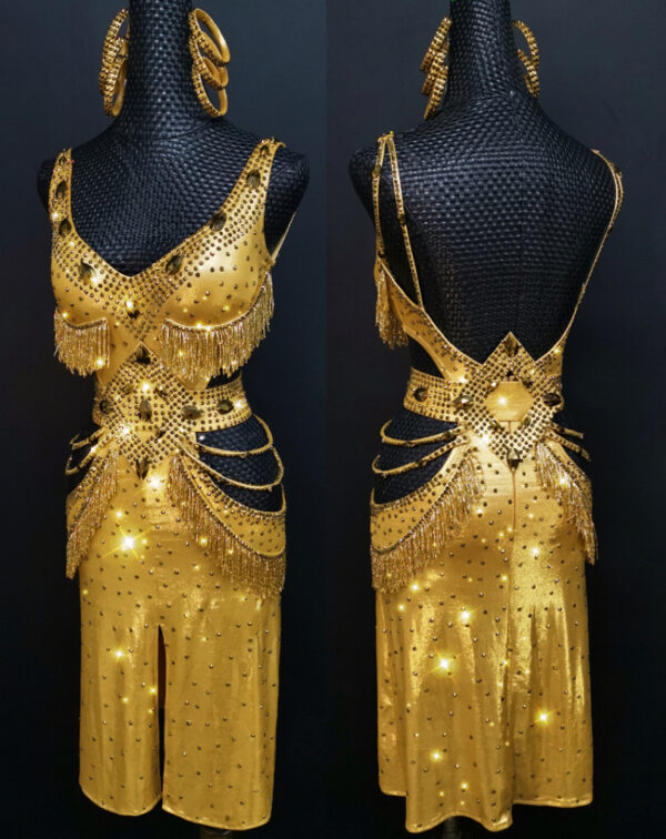 Golden Latin and Rhythm dance dress with fringe and crystals - Image 2