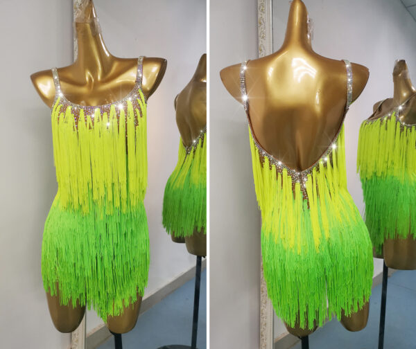 Lime green and yellow Latin and Rhythm dance dress with ombre fringe and crystals - Image 3