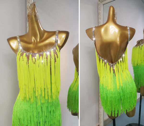 Lime green and yellow Latin and Rhythm dance dress with ombre fringe and crystals - Image 2
