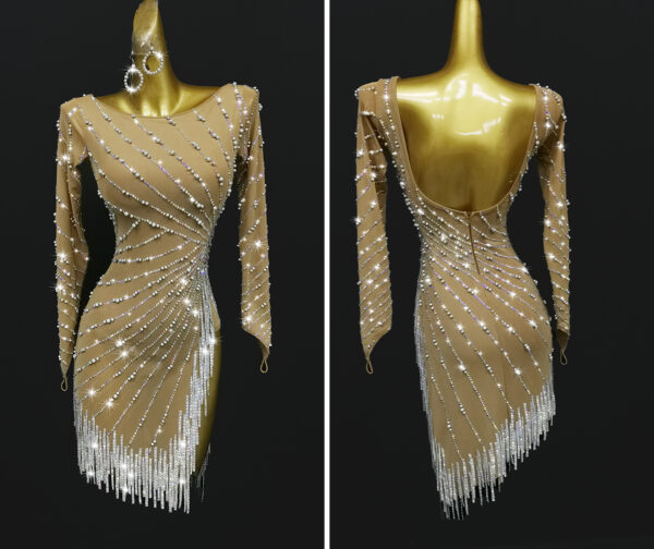 Nude Latin and Rhythm dance dress with crystals, pearls and stoned fringe - Image 2