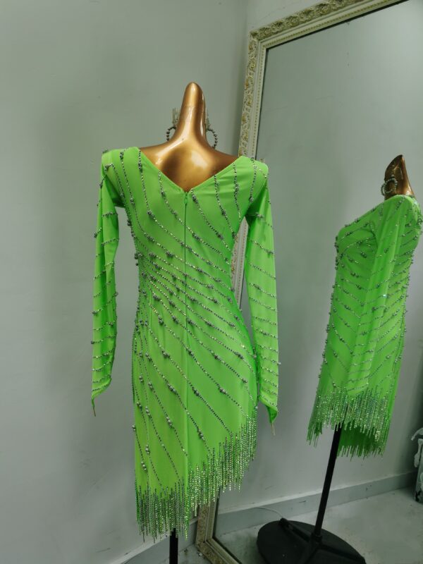 Neon green Latin and Rhythm dance dress with fringe and slits - Image 2