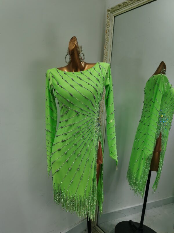 Neon green Latin and Rhythm dance dress with fringe and slits