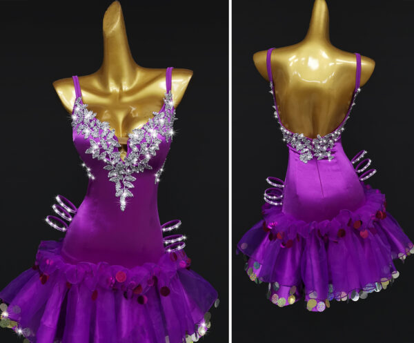 Purple Latin and Rhythm velvet dance dress with silver lace and sequins - Image 2