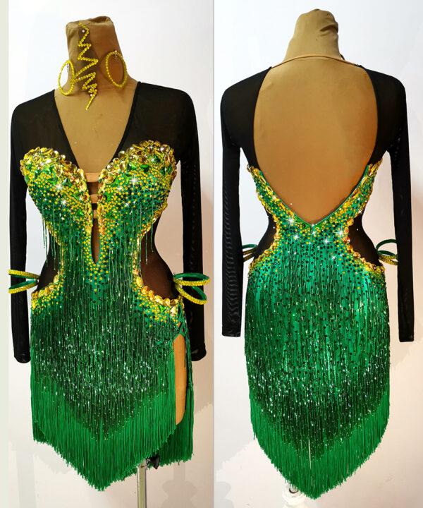 Green and black Latin and Rhythm  dance dress with golden crystals and beaded fringe - Image 3