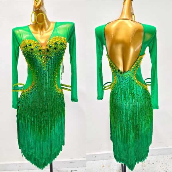 Green Latin and Rhythm  dance dress with golden crystals and beaded fringe - Image 3