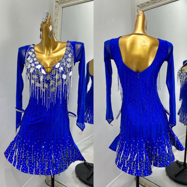 Blue Latin and Rhythm dance dress with beaded fringe - Image 3