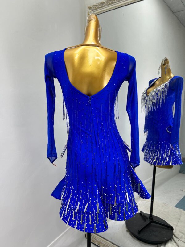 Blue Latin and Rhythm dance dress with beaded fringe - Image 2