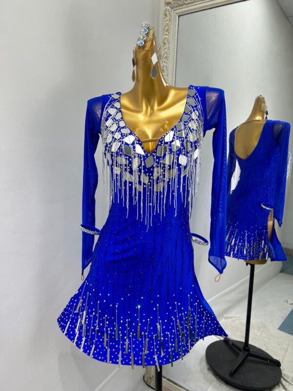 Blue Latin and Rhythm dance dress with beaded fringe