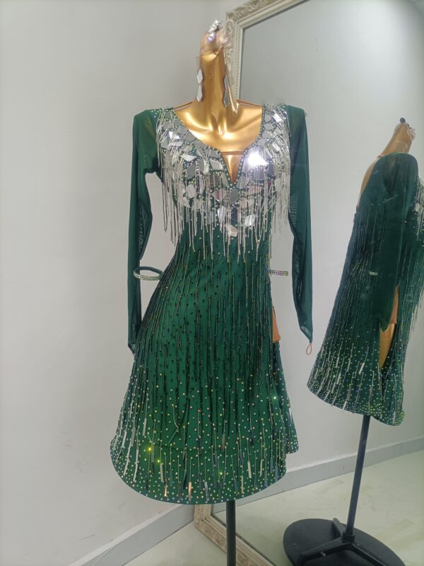 Dark green Latin and Rhythm dance dress with beaded fringe