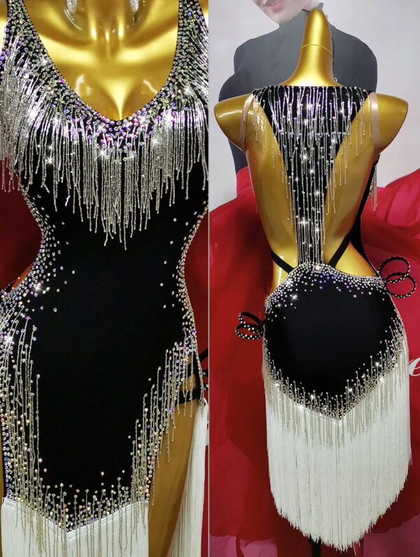Black Latin and Rhythm dance dress with stoned and layered fringe, crystals,  and beaded fringe - Image 2