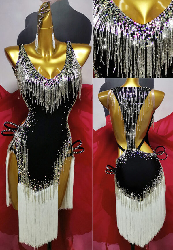 Black Latin and Rhythm dance dress with stoned and layered fringe, crystals,  and beaded fringe