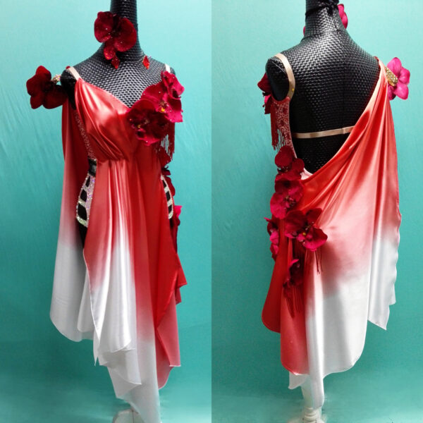 Ombre red and white Latin and Rhythm dance dress with orchid flowers and crystals - Image 4