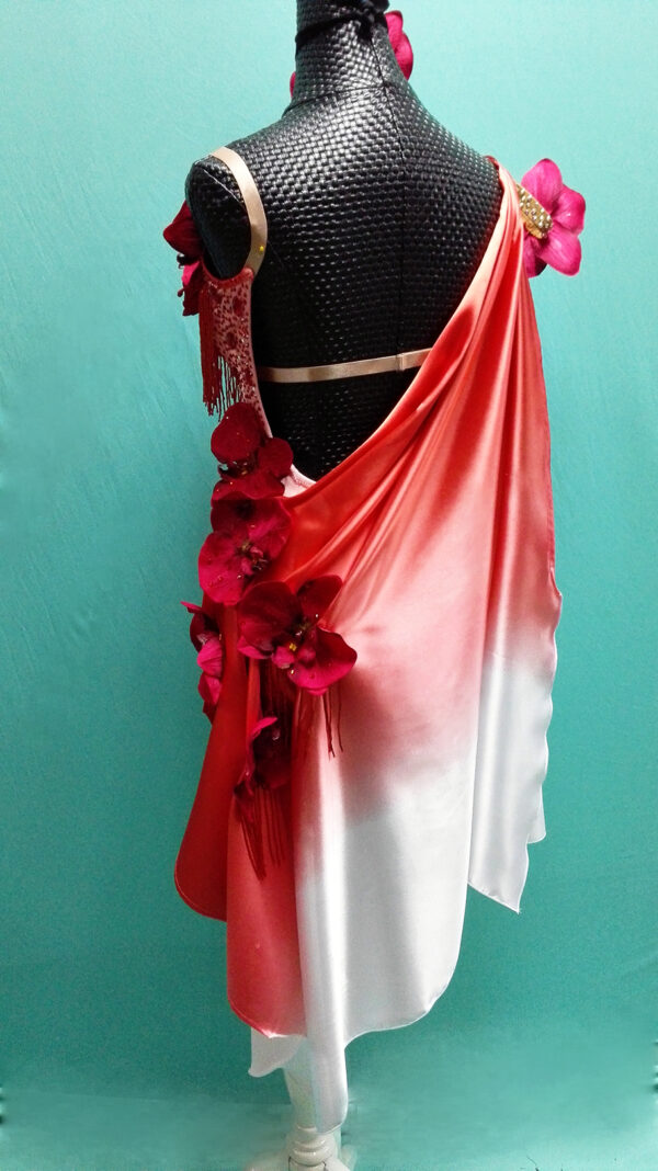 Ombre red and white Latin and Rhythm dance dress with orchid flowers and crystals - Image 2