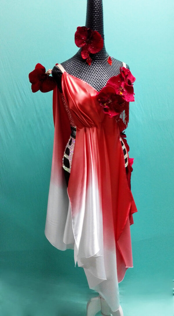Ombre red and white Latin and Rhythm dance dress with orchid flowers and crystals