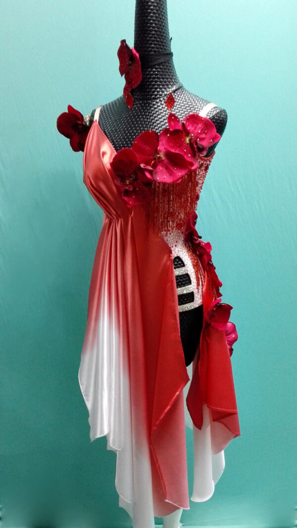 Ombre red and white Latin and Rhythm dance dress with orchid flowers and crystals - Image 3