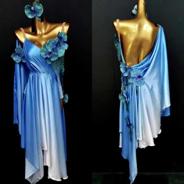 Ombre blue and white Latin and Rhythm dance dress with orchid flowers and crystals - Image 3