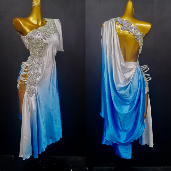 Ombre white and blue Latin and Rhythm dance dress with stoned lace - Image 3