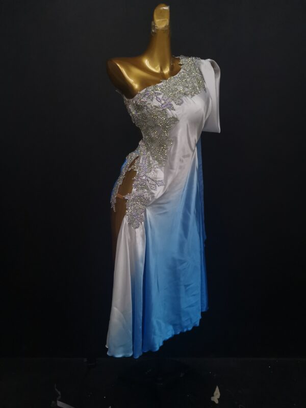 Ombre white and blue Latin and Rhythm dance dress with stoned lace