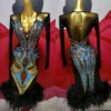 Black and turquoise Latin and Rhythm dance dress with multi-color crystals and feathers - Image 3