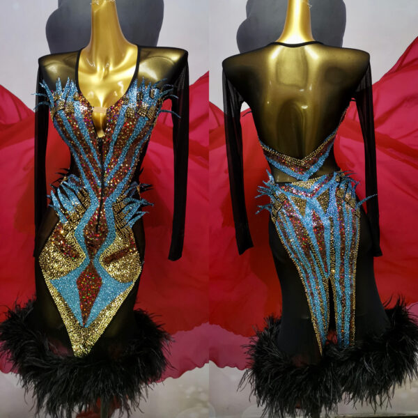 Black and turquoise Latin and Rhythm dance dress with multi-color crystals and feathers - Image 3