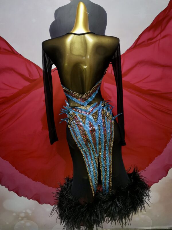 Black and turquoise Latin and Rhythm dance dress with multi-color crystals and feathers - Image 2